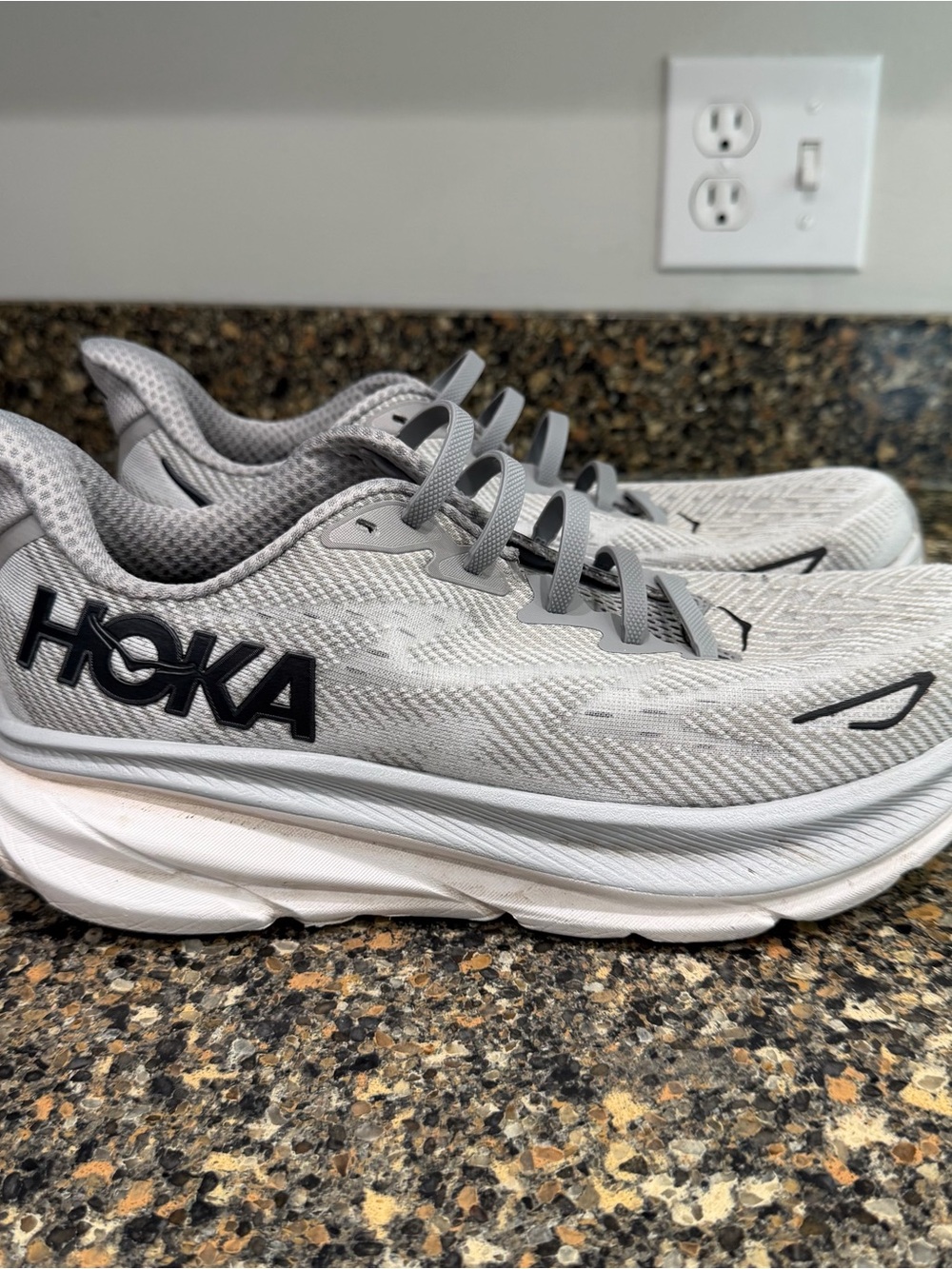 Hoka White and Light Gray Performance Running Shoes Mens 9.5